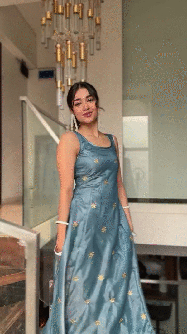 Blue Silk Anarkali Dress with Embroidered Golden Motifs and Matching Dupatta - Image 3