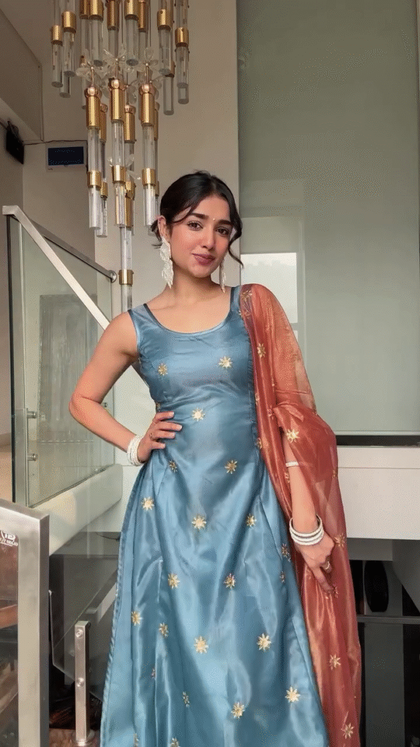 Blue Silk Anarkali Dress with Embroidered Golden Motifs and Matching Dupatta - Image 5