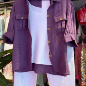 Urban Grace 3-Piece Summer Co-ord Set for Women – Soft Cotton Purple Utility Shirt with Golden Buttons, White Tank Top & Relaxed Fit Cropped Trousers