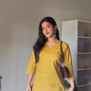 Bright Mustard Yellow Cotton Printed Short Kurti Top for College Girls – Lightweight Daily Wear with V-Neckline & 3/4th Sleeves