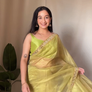 Elegant Lime Green Organza Saree with Golden Mirror Work Border – Lightweight Festive & Party Wear with Matching Sleeveless Blouse