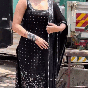 Midnight Sparkle Black Georgette Mirror Work Suit Set with Embroidered Straight Kurta, Dupatta, and Matching Bottom – Glamorous Ethnic Ensemble for Festive & Evening Wear