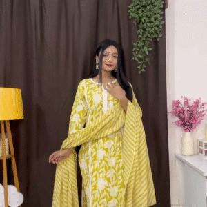 Sunlit Yellow Floral Printed Cotton Kurta Set with Striped Dupatta & Matching Pants – Daily Wear Ethnic Ensemble for Summer Comfort