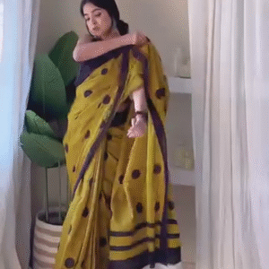 Vintage Mustard Yellow Cotton Saree with Bold Black Polka Dots, Contrast Border & Classic Striped Pallu – Handcrafted Ethnic Drape with Contemporary Twist”