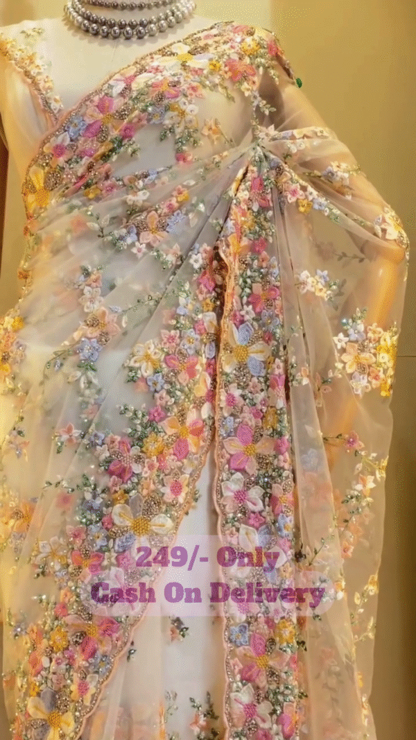 Heavy Embroidered Yellow Net Saree with Multicolour 3D Floral Work and Beads – Festive Traditional Wear - Image 2