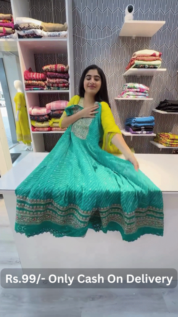 Royal Rajasthani Bandhej Anarkali Gown Set with Dupatta – Traditional Mirror & Gota Work - Image 2
