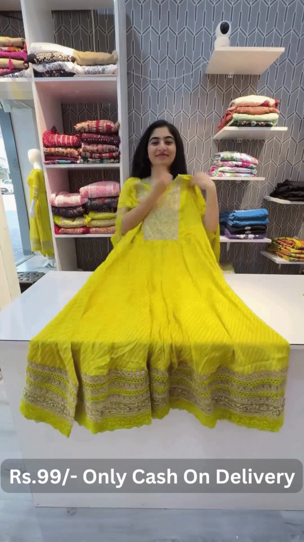 Royal Rajasthani Bandhej Anarkali Gown Set with Dupatta – Traditional Mirror & Gota Work - Image 3