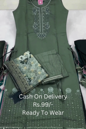 Teal Green Sleeveless Embroidered Kurti Set with Printed Dupatta