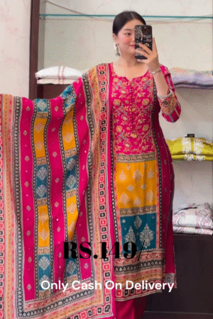 Vibrant Multicolor Printed Cotton Suit Set with Dupatta – Festival Ready Look