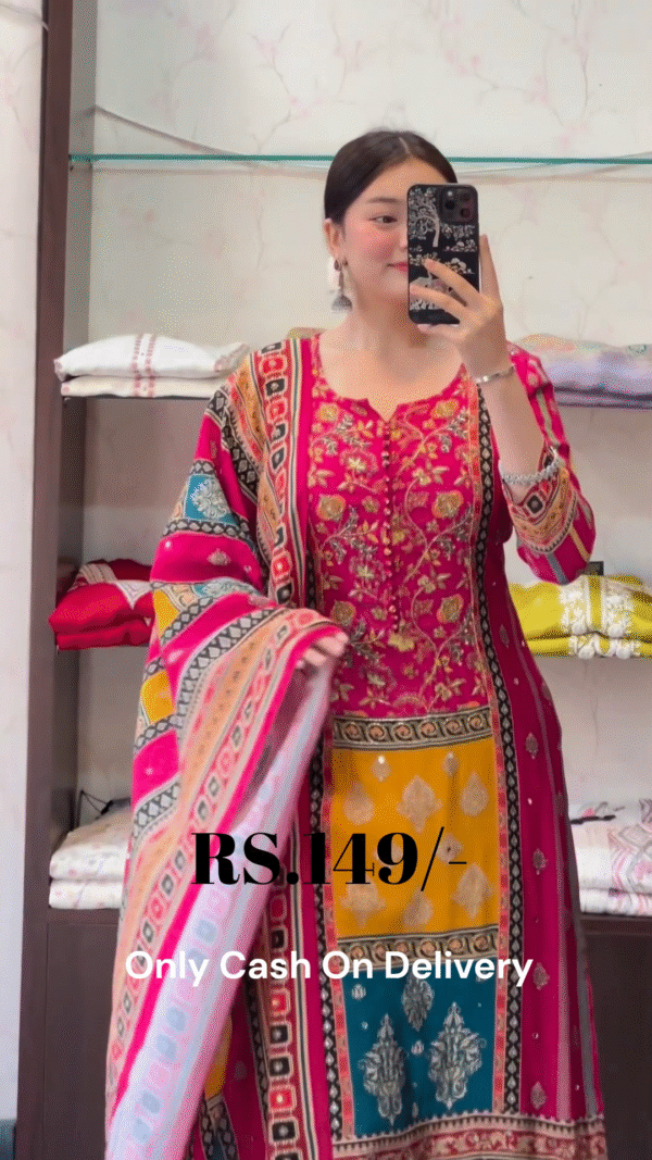 Vibrant Multicolor Printed Cotton Suit Set with Dupatta – Festival Ready Look - Image 3