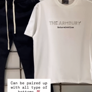 White “The Armoury Determination” Graphic Tee with Black Joggers – Minimalist Streetwear Combo ⚪🖤🔥