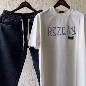🧢✨RBZQAO Signature White Oversized Graphic T-Shirt with Premium Washed Black Baggy Jeans – Streetwear Combo Set for Men