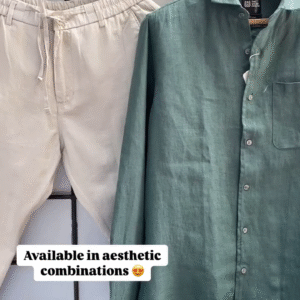 Premium Pure Linen Shirt & Comfort-Fit Drawstring Trouser Set for Men – Elegant Pastel Green Shirt with Classic Beige Pants | Breathable Summer Outfit | Casual & Semi-Formal Wear