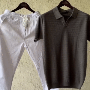 Monochrome Charm – Textured Grey Knit Collar Polo with Crisp White Drawstring Cotton Pants for Men