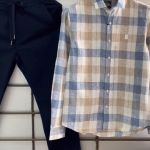 🤎🤍 Earth Tone Elegance – Multi-Stripe Linen Blend Shirt with Stretchable Brown Tapered Jogger Pants for Men