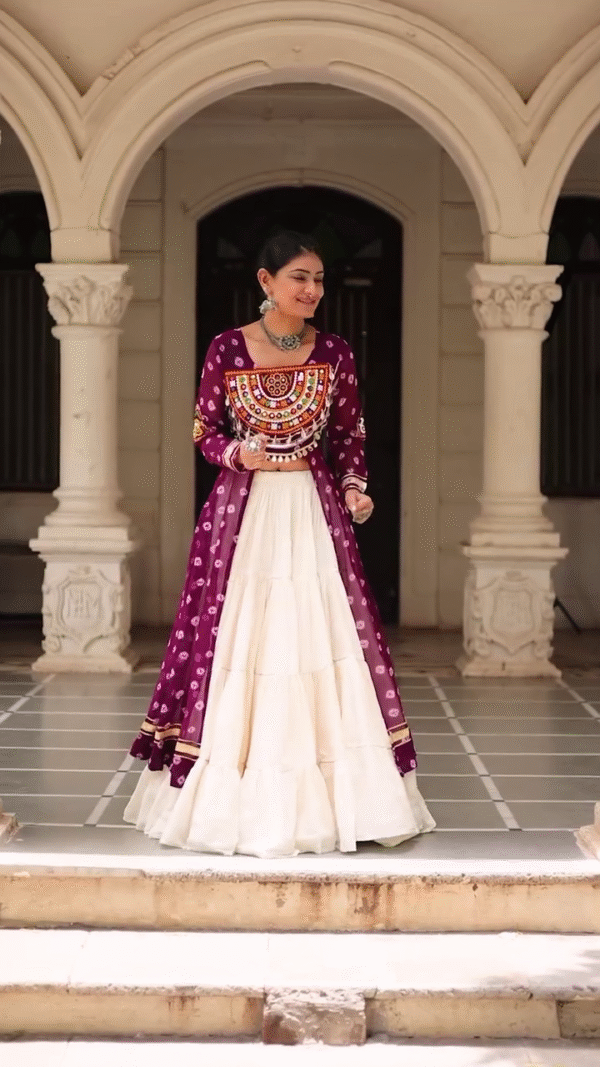 Traditional Kutchi Mirror Work Embroidered Pink Long Jacket with White Flared Lehenga – Navratri & Festive Special Ethnic Wear Set for Women - Image 5