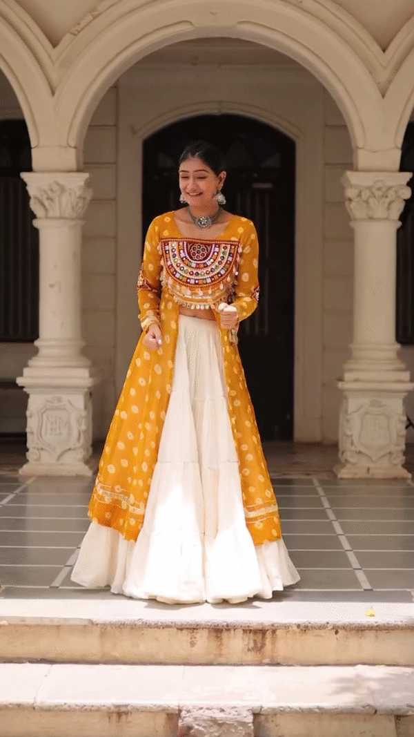 Traditional Kutchi Mirror Work Embroidered Pink Long Jacket with White Flared Lehenga – Navratri & Festive Special Ethnic Wear Set for Women - Image 4