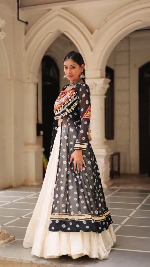 Traditional Kutchi Mirror Work Embroidered Pink Long Jacket with White Flared Lehenga – Navratri & Festive Special Ethnic Wear Set for Women - Image 3