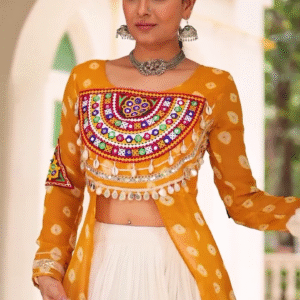 Traditional Kutchi Mirror Work Embroidered Pink Long Jacket with White Flared Lehenga – Navratri & Festive Special Ethnic Wear Set for Women
