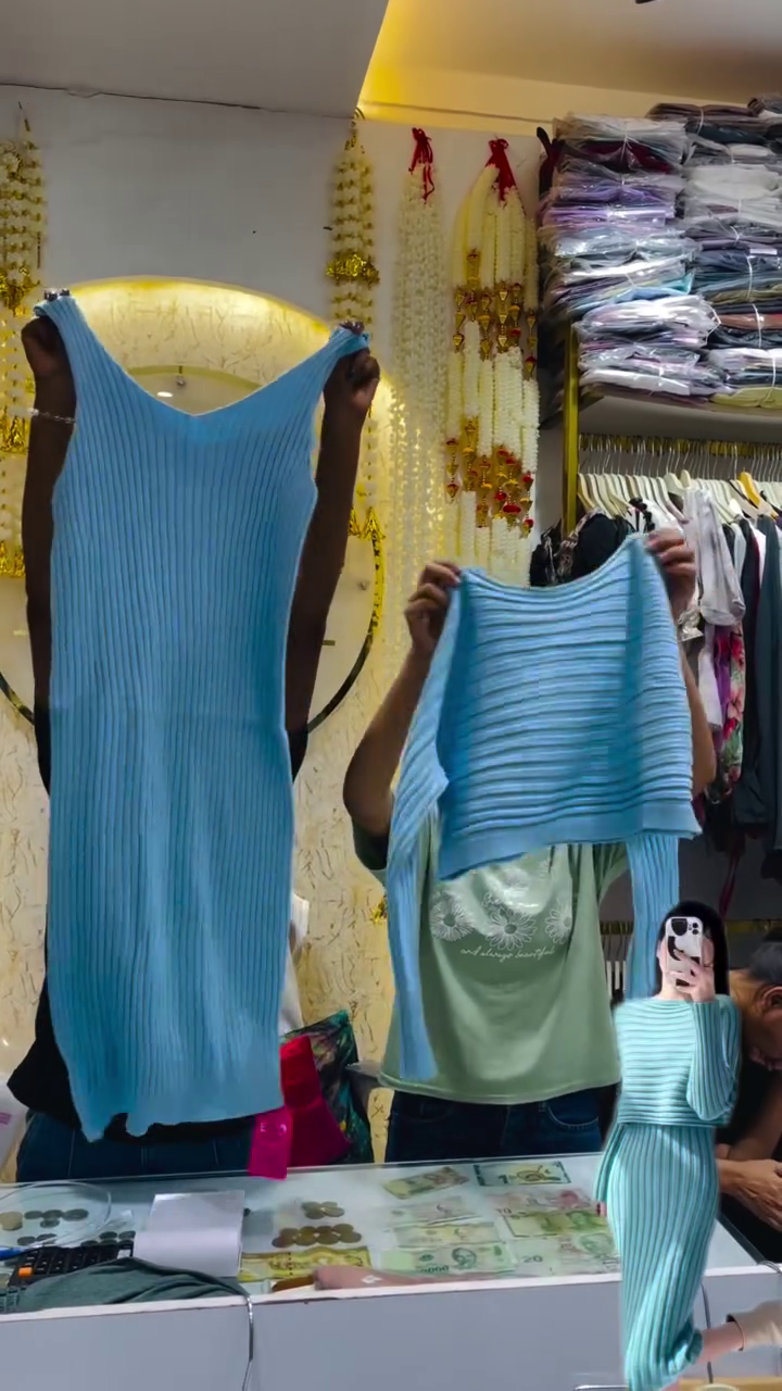 💙Sky Serenity Ribbed Knit Co-Ord Set 👗 – Two-Piece Bodycon Dress & Cropped Pullover for Effortless Chic