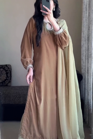 ☕Mocha Muse Silk-Blend Kurta Set with Dupatta 🌿 – Classic Long Kurti Ensemble for Graceful Everyday Wear