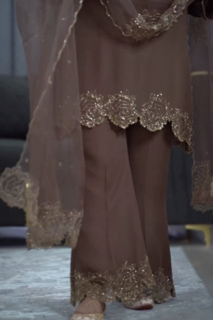 🌰Cocoa Luxe Embroidered Straight Suit Set 🌸 – Net Dupatta & Intricate Threadwork Details