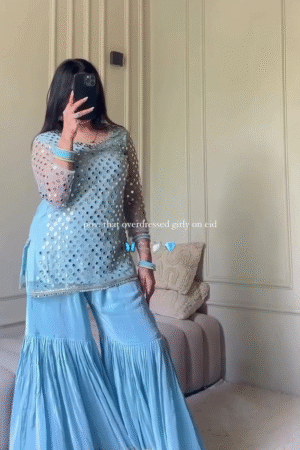 💎 Blue Mirror Glam Sharara Suit – Elegant Ethnic Ensemble 💎