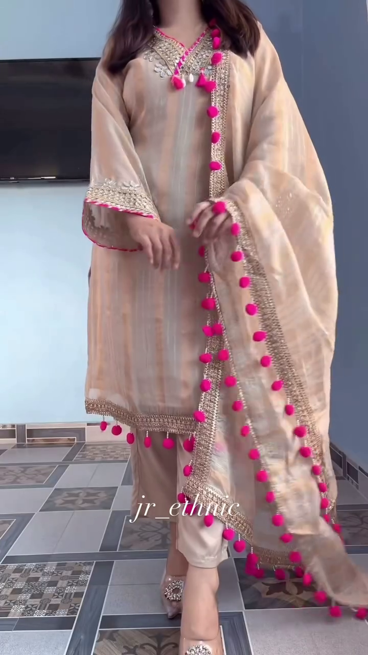 ✨ Golden Glow Festive Suit Set with Pink Pom Dupatta – A Celebration of Joy and Color ✨ - Image 2