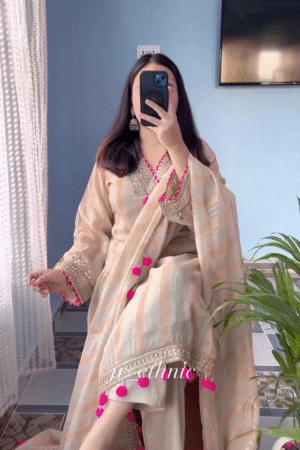 ✨ Golden Glow Festive Suit Set with Pink Pom Dupatta – A Celebration of Joy and Color ✨