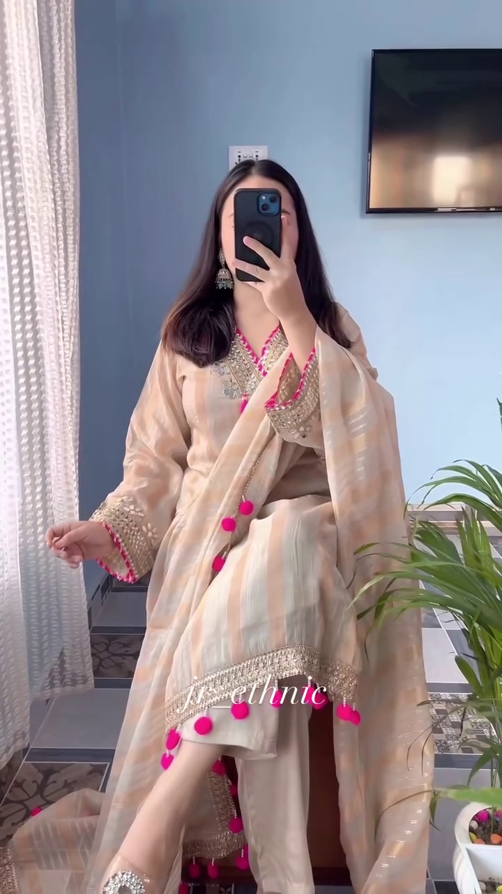 ✨ Golden Glow Festive Suit Set with Pink Pom Dupatta – A Celebration of Joy and Color ✨