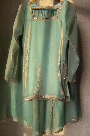 💚 Aqua Glow Mirror Work Organza Suit Set – Soft Luxury for Modern Women ✨