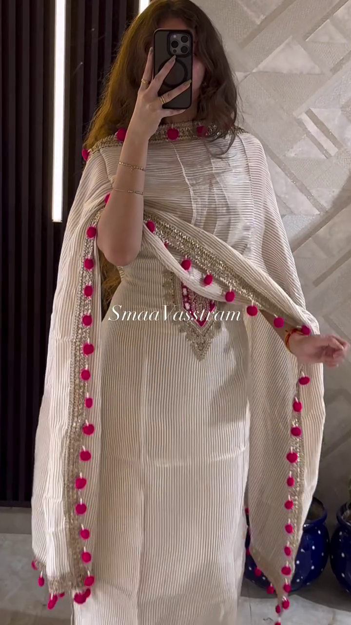 🤍 Ivory Charm Embroidered Suit Set with Hot Pink Pom-Pom Dupatta – Effortless Grace & Modern Glamour 💖 - Image 3