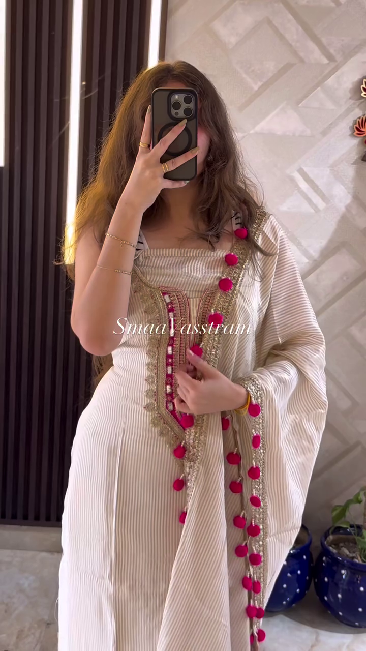 🤍 Ivory Charm Embroidered Suit Set with Hot Pink Pom-Pom Dupatta – Effortless Grace & Modern Glamour 💖 - Image 2