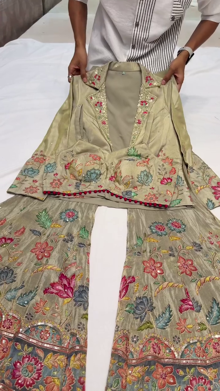 ✨ Golden Garden Embroidered Sharara Set – Regal Festive Ensemble for Modern Queens 🌸