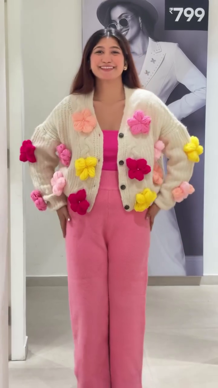 🧶 "Enchanting Whimsical Yarn Blossom Wonderland Hand-Knit Cream Cardigan Bursting with Plush Pink, Red, and Yellow Flowers for Joyful Fashionistas" 🧶 - Image 3