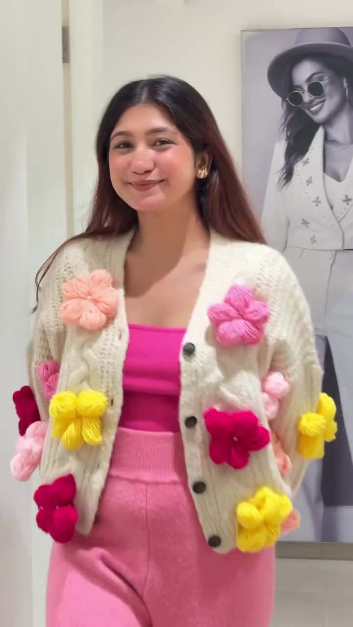 🧶 "Enchanting Whimsical Yarn Blossom Wonderland Hand-Knit Cream Cardigan Bursting with Plush Pink, Red, and Yellow Flowers for Joyful Fashionistas" 🧶