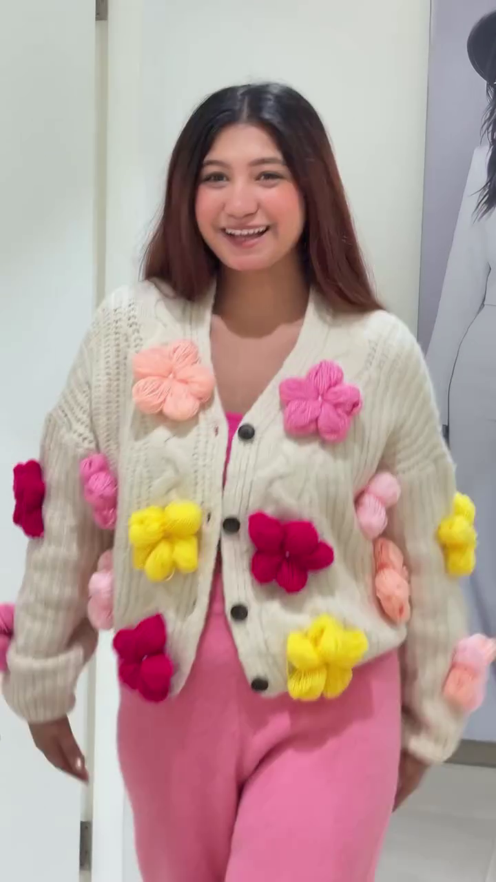 🧶 "Enchanting Whimsical Yarn Blossom Wonderland Hand-Knit Cream Cardigan Bursting with Plush Pink, Red, and Yellow Flowers for Joyful Fashionistas" 🧶 - Image 2