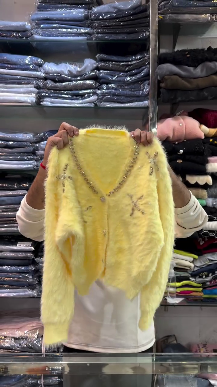 ☀️ "Radiant Sunbeam Luxe Faux Fur Fluffy Yellow Cardigan Dazzled with Crystal Gem Accents for the Perfect Sparkle Lovers and Winter Warmth" ☀️