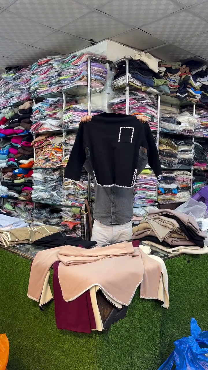 🧵 "Minimalist Modern Café Cream Knit Top with Artistic Black Scalloped Accents and Pocket Detail for Everyday Sophistication Seekers" 🧵 - Image 6