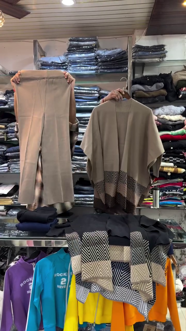 👑 "Urban Elegance Taupe Chevron Knit Sophisticated Co-ord Set with Draped Cape Cardigan and Sleek Pants for Effortless Day-to-Night Style" 👑