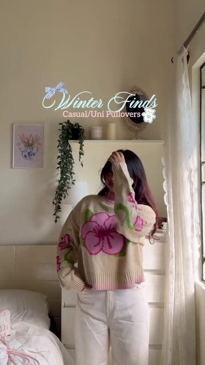 💐 "Winter Garden Pastel Bloom Velvet Touch Knit Pullover with Oversized Pink Floral Accents for Dreamy Romantic Sweethearts of Cozy Fashion" 💐 - Image 2