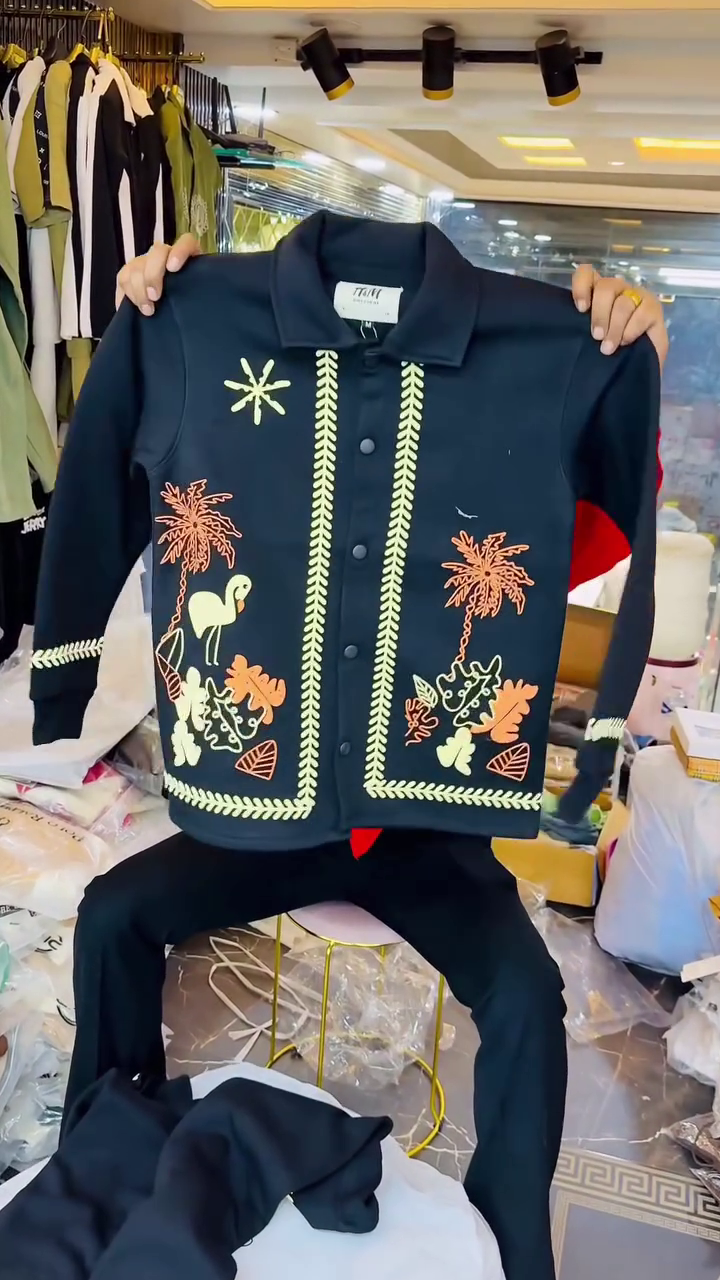 🖤 Black Embossed Velour Track Set with Signature Stripe Trim – Modern Athleisure Co-ord (Jacket & Pant) - Image 3