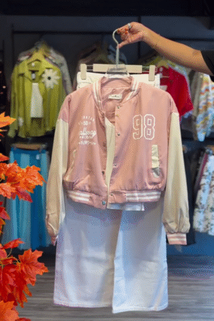🌸 Powder Pink & Cream Varsity Jacket with Wide-Leg White Shorts – Youthful Pastel Streetwear Set
