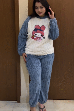🍓 Fluffy Bunny Character Pullover & Pastel Blue Knit Pajama Set – Cute Thermal Sleepwear