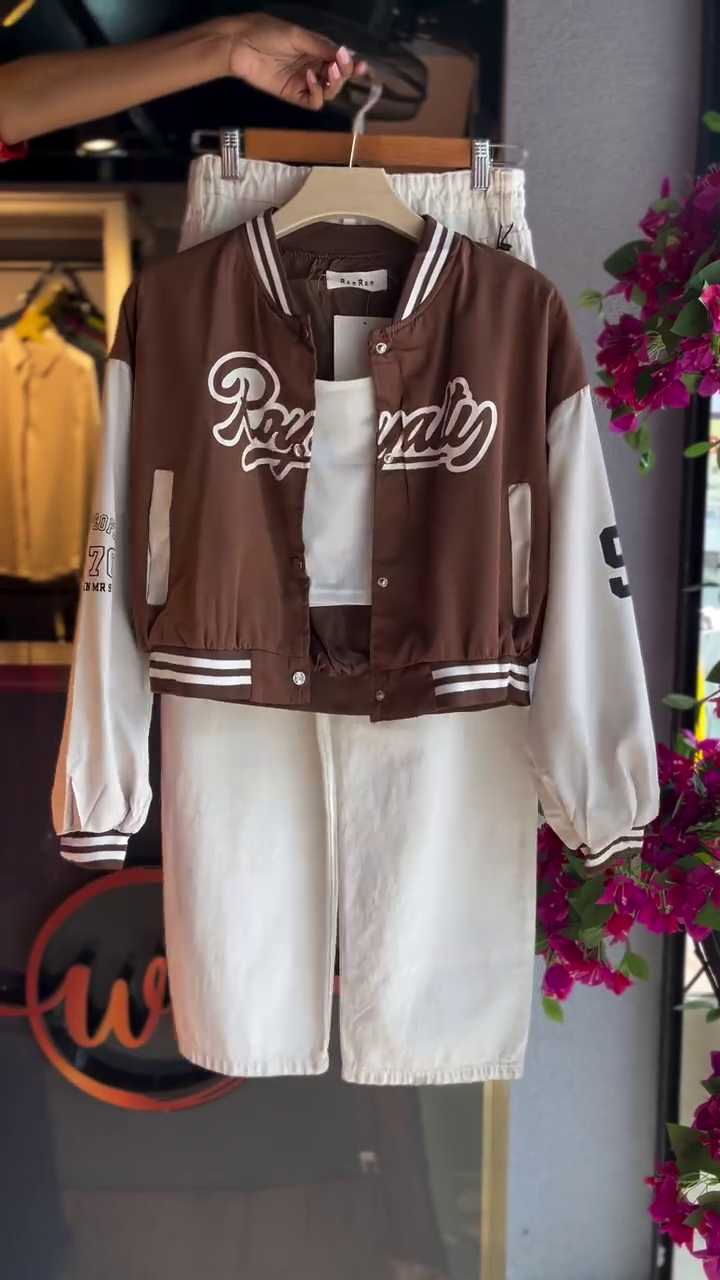🤎 Retro "Royalty" Brown Varsity Bomber Jacket with Ivory Sleeves and White Denim Shorts – Effortlessly Cool Streetwear Co-ord Set - Image 3