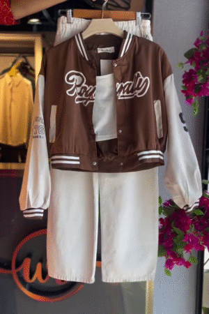 🤎 Retro "Royalty" Brown Varsity Bomber Jacket with Ivory Sleeves and White Denim Shorts – Effortlessly Cool Streetwear Co-ord Set