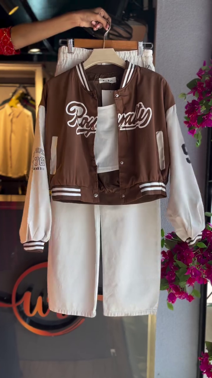 🤎 Retro "Royalty" Brown Varsity Bomber Jacket with Ivory Sleeves and White Denim Shorts – Effortlessly Cool Streetwear Co-ord Set