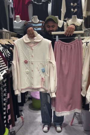 🦄 Ivory Peter Pan Collar Buttoned Cardigan & Blush Pink Lace Trim Maxi Skirt – Vintage Soft-Girl Korean Co-ord Set