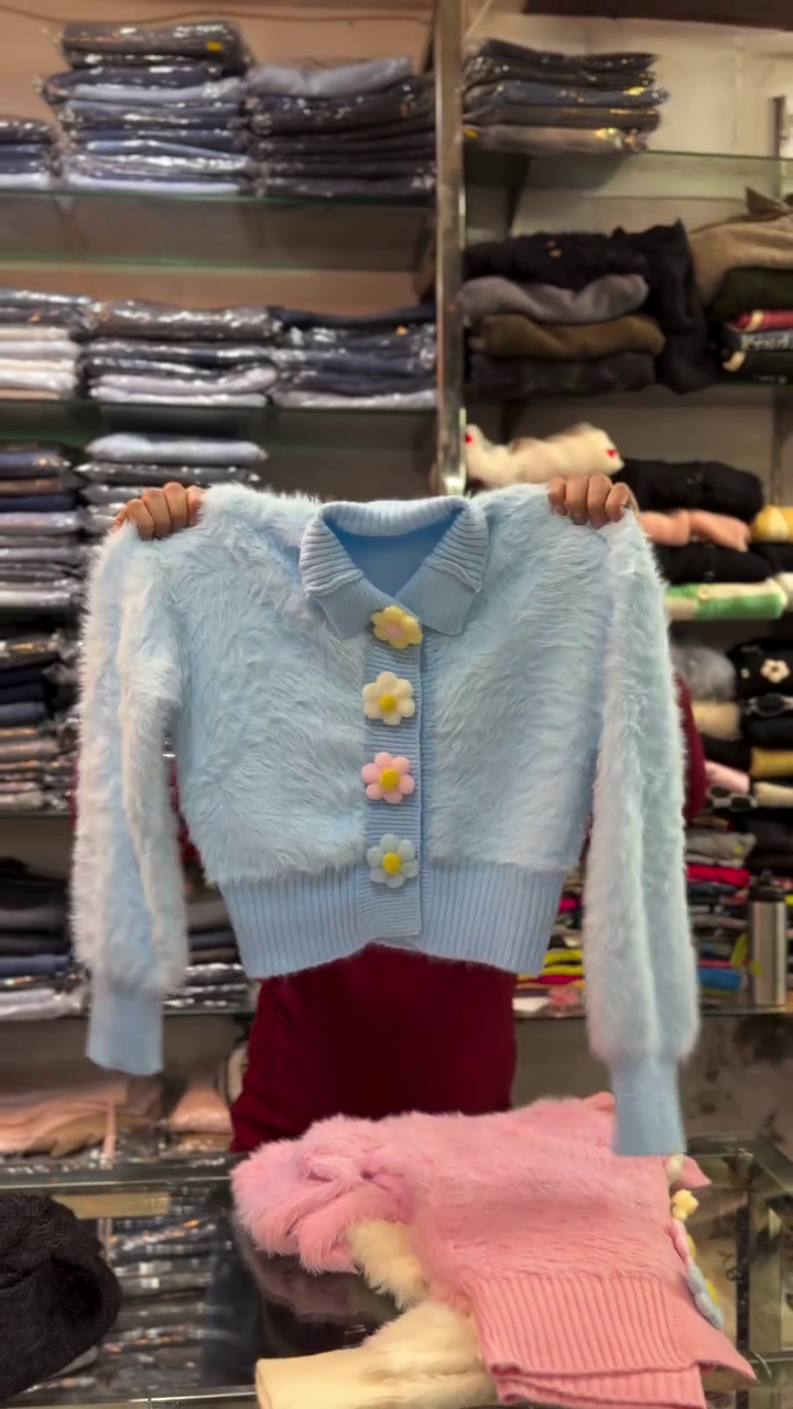 🧁 Cream Collared Fuzzy Knit Cardigan with Colorful Daisy Buttons – Cheerful All-Season Statement Layer - Image 4