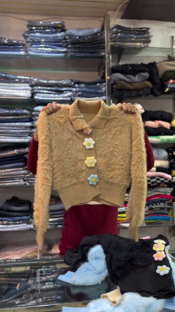 🧁 Cream Collared Fuzzy Knit Cardigan with Colorful Daisy Buttons – Cheerful All-Season Statement Layer - Image 3